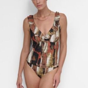 DKNY Ruffle Plunge Underwire Tummy Control One-Piece Swimsuit - XL